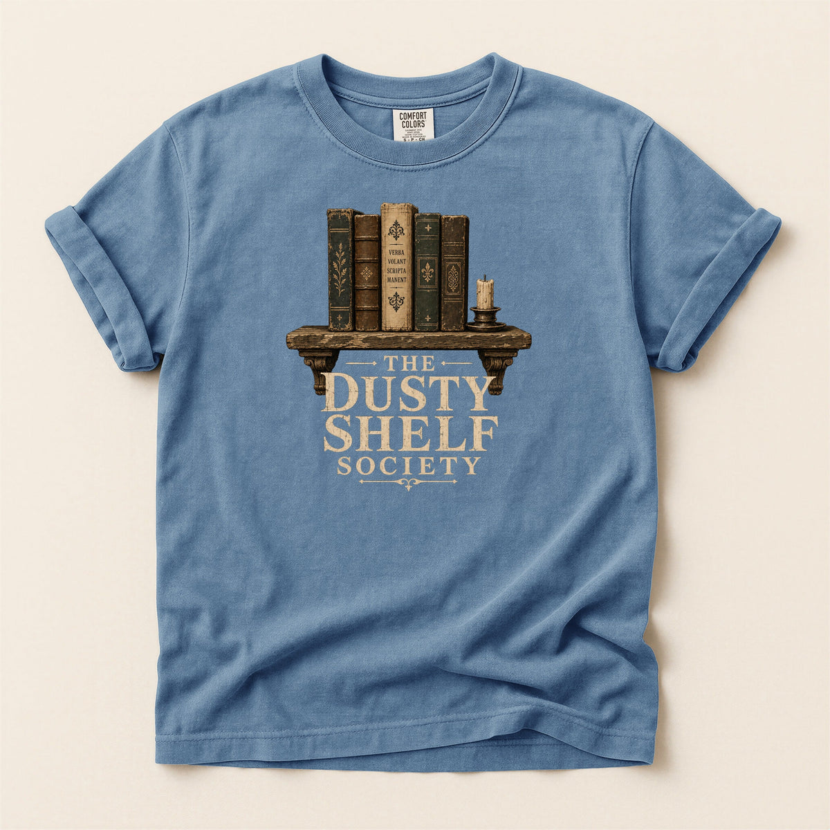 Shelf Love Studio The Dusty Shelf Society t-shirt in Blue Jean, flat