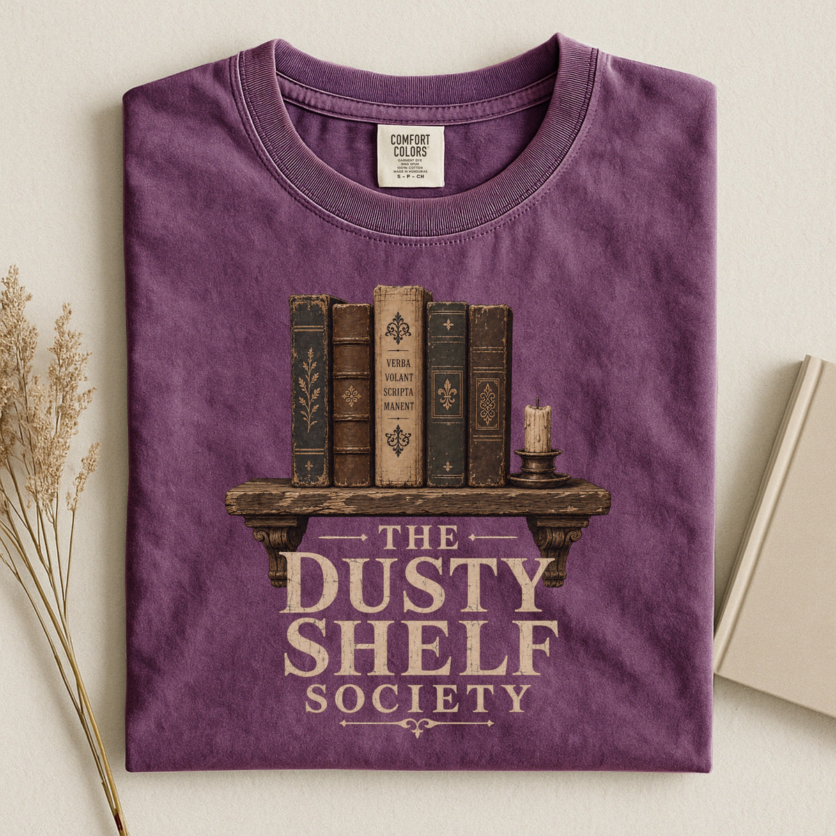 Shelf Love Studio The Dusty Shelf Society t-shirt in Berry, styled flat lay