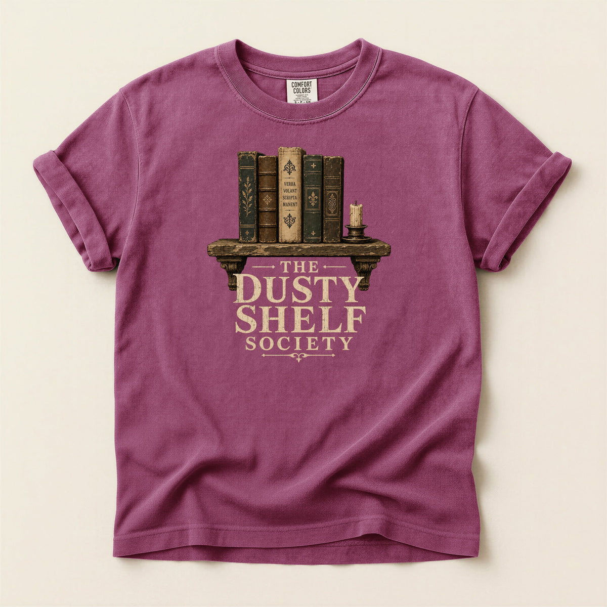 Shelf Love Studio The Dusty Shelf Society t-shirt in Berry, flat