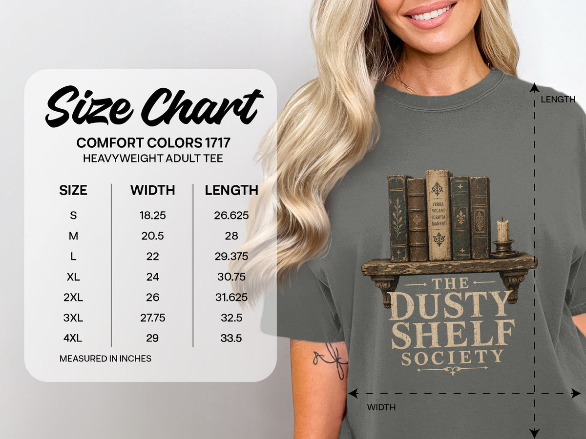 The Dusty Shelf Society size chart