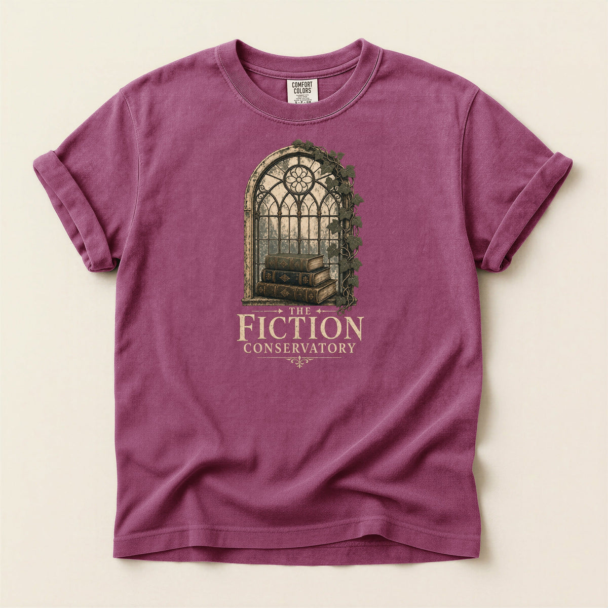 Shelf Love Studio The Fiction Conservatory t-shirt in Berry, flat