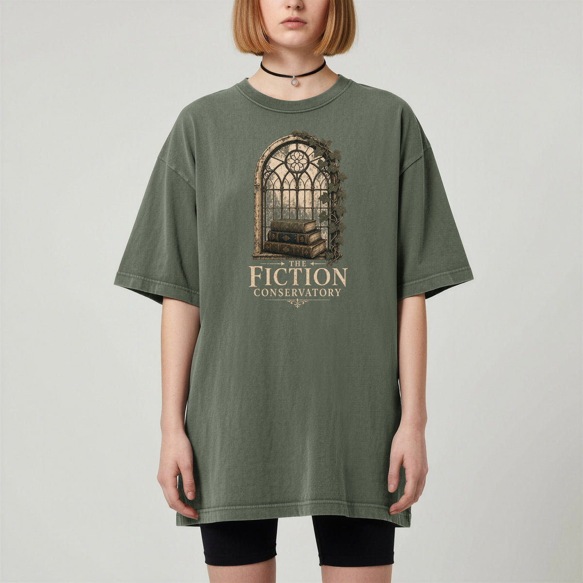 Shelf Love Studio The Fiction Conservatory t-shirt in Moss, worn