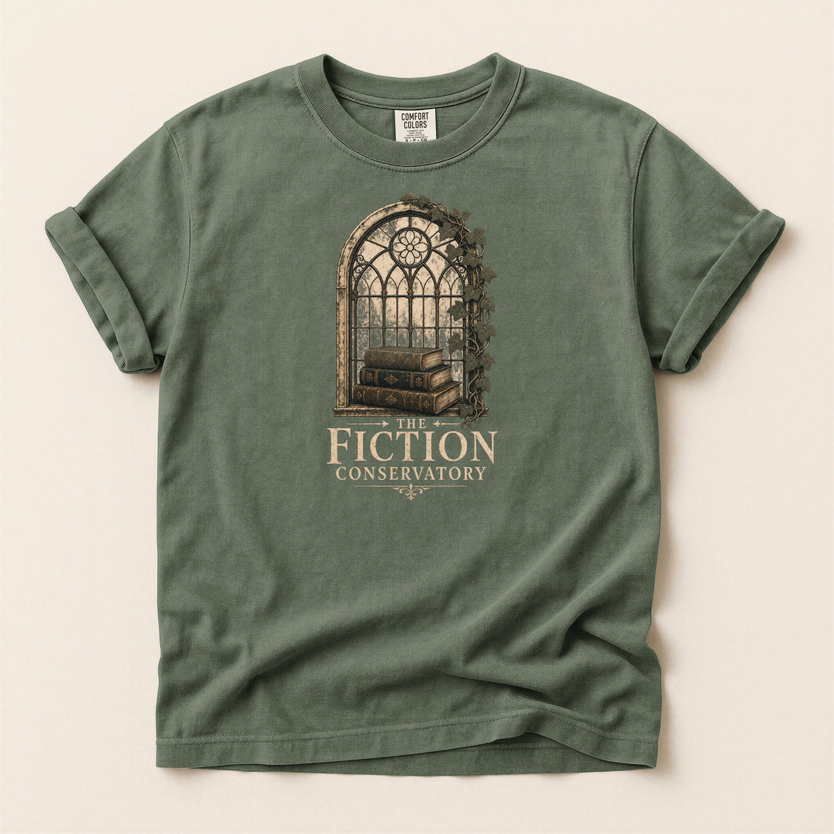 Shelf Love Studio The Fiction Conservatory t-shirt in Moss, flat