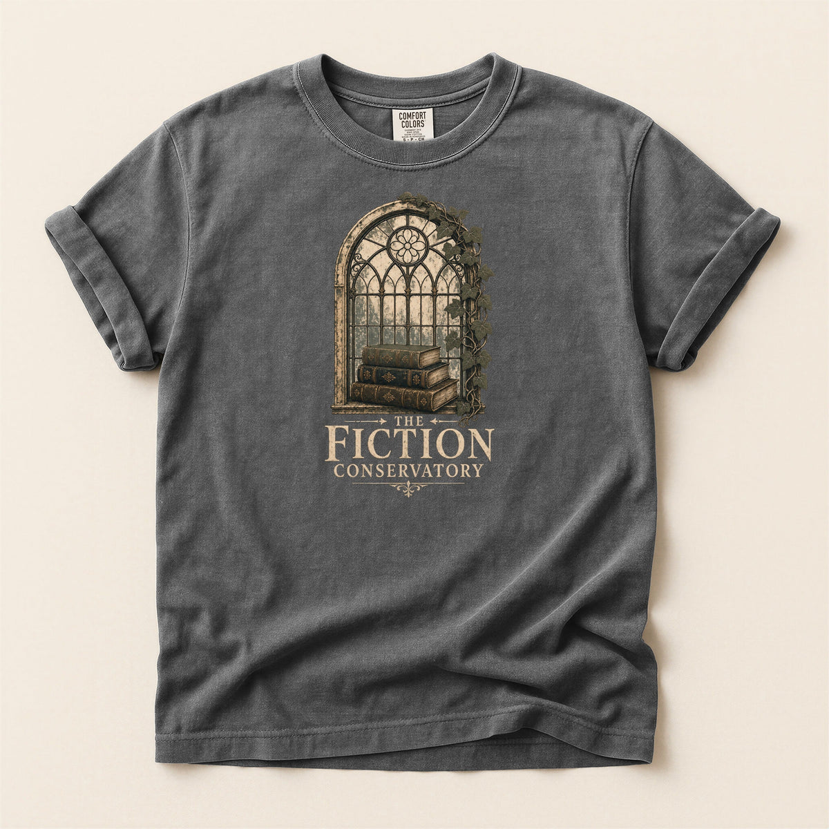 Shelf Love Studio The Fiction Conservatory t-shirt in Pepper, flat