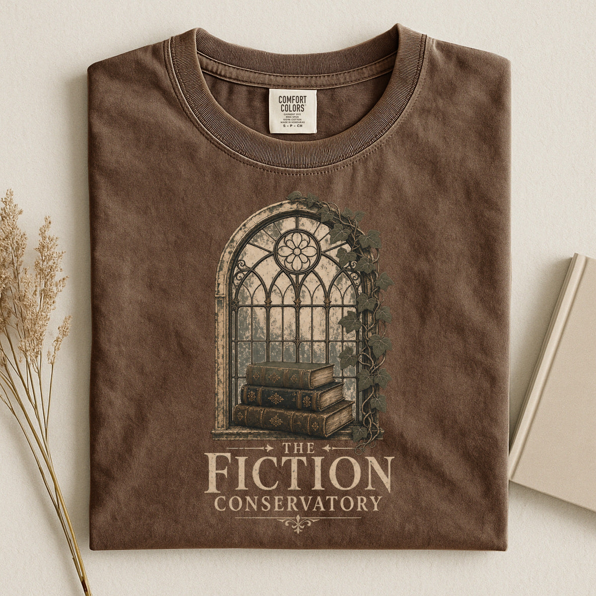 Shelf Love Studio The Fiction Conservatory t-shirt in Espresso, styled flat lay