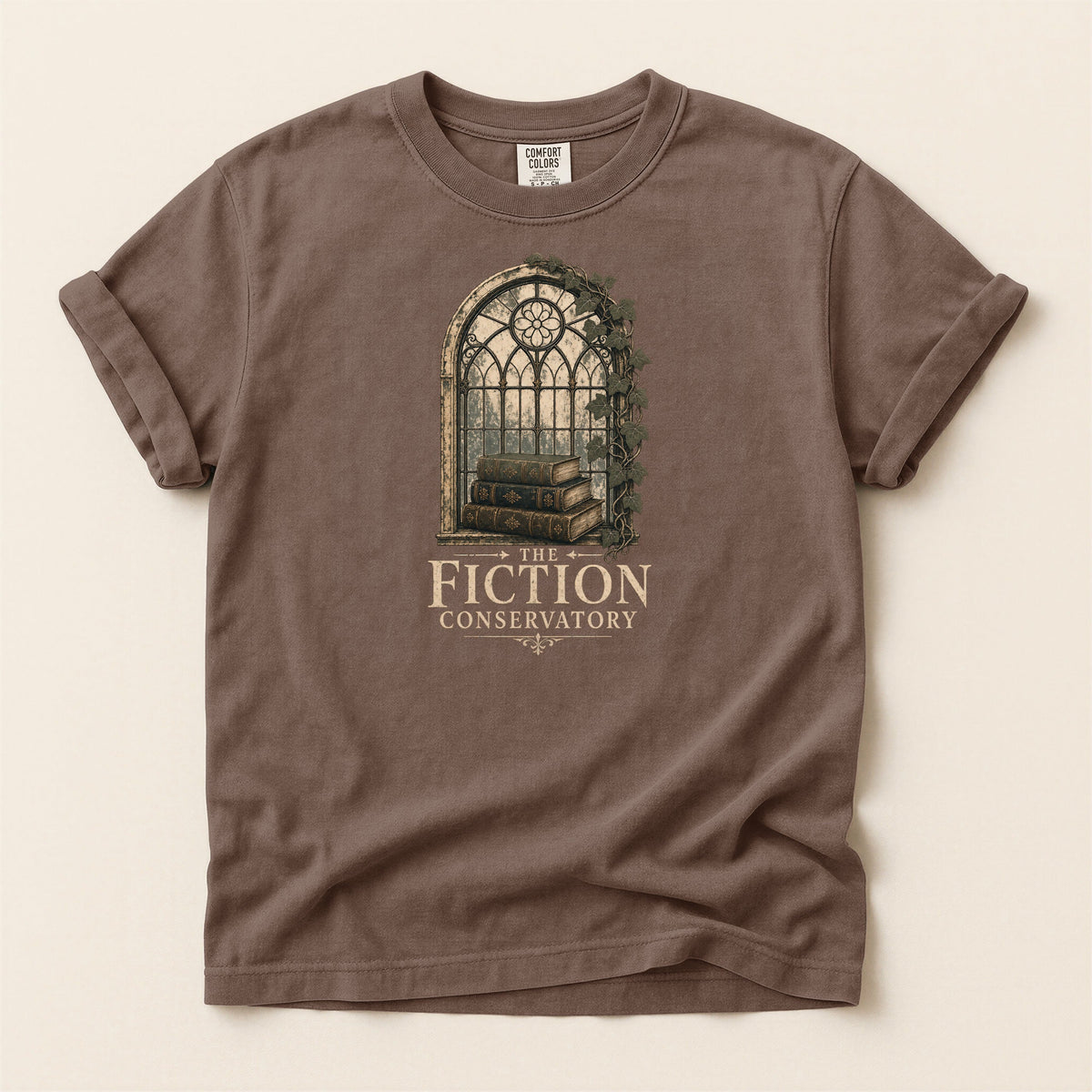 Shelf Love Studio The Fiction Conservatory t-shirt in Espresso, flat