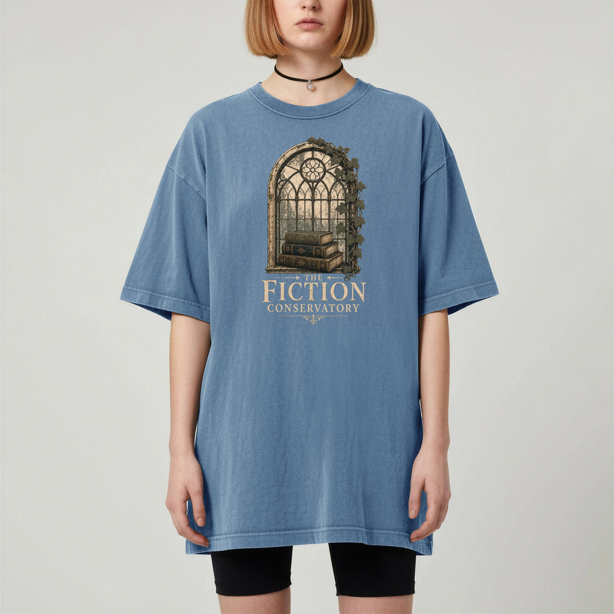 Shelf Love Studio The Fiction Conservatory t-shirt in Blue Jean, worn