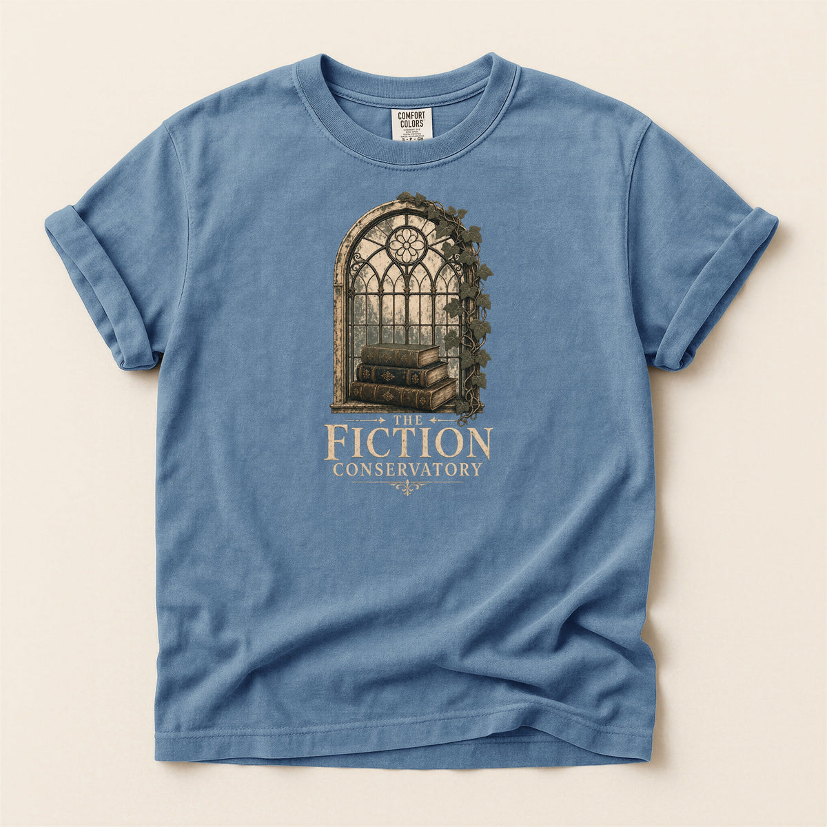 Shelf Love Studio The Fiction Conservatory t-shirt in Blue Jean, flat