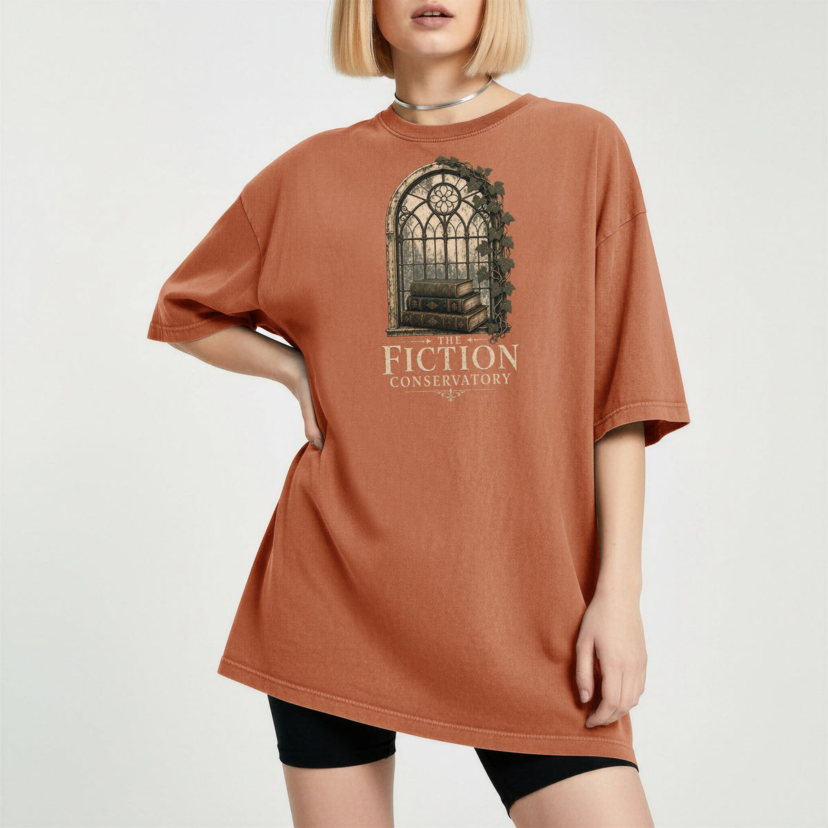 Shelf Love Studio The Fiction Conservatory t-shirt in Yam, worn