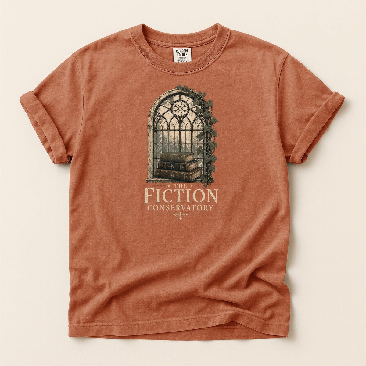 Shelf Love Studio The Fiction Conservatory t-shirt in Yam, flat