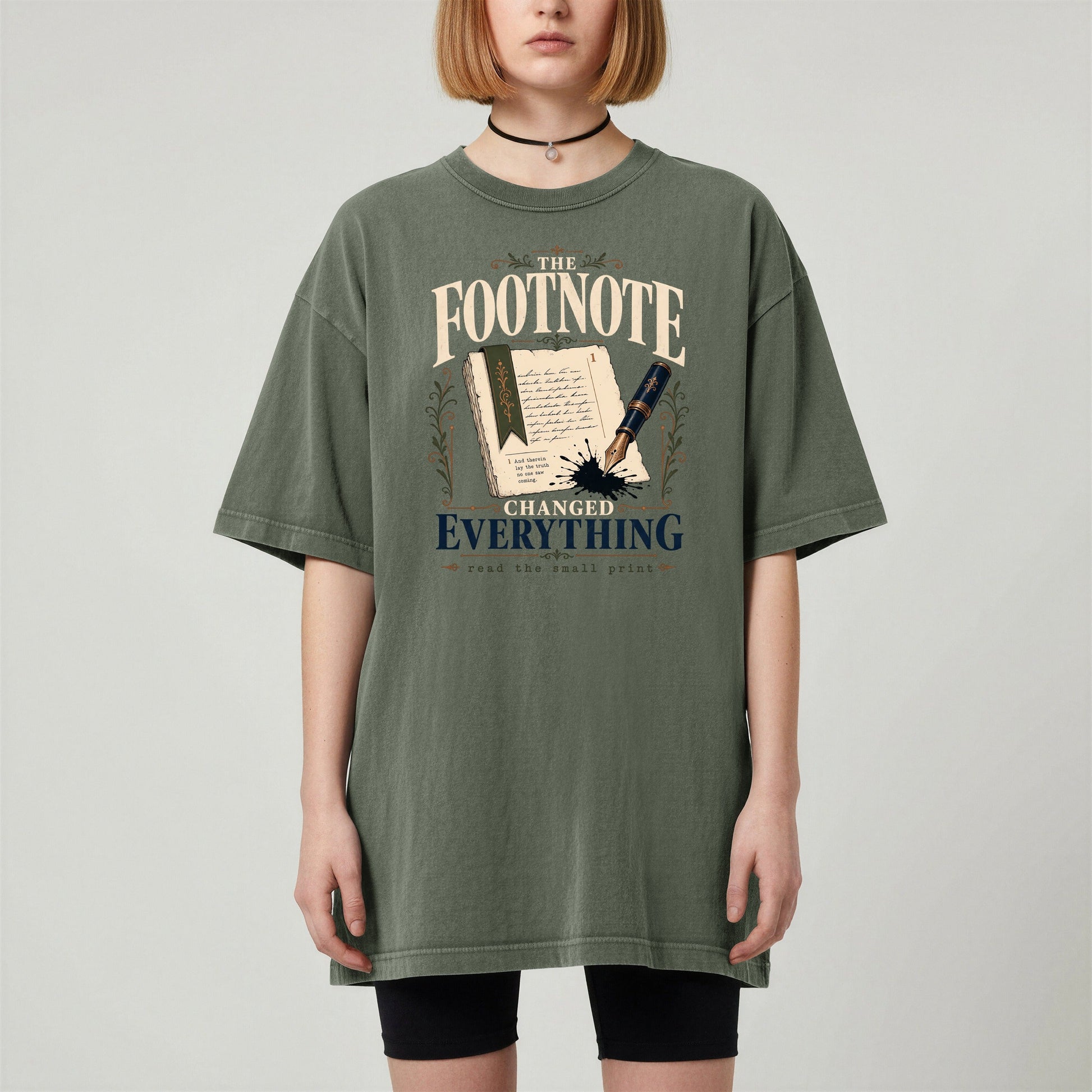 The Footnote Changed Everything bookish tee in Moss, worn