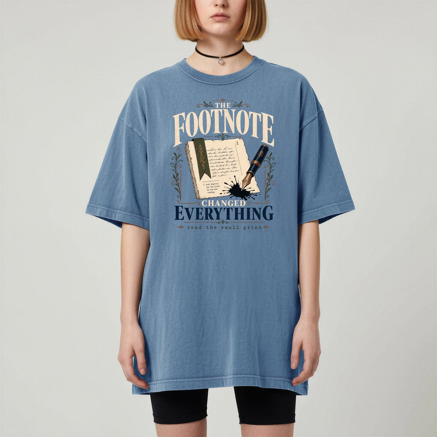 The Footnote Changed Everything bookish tee in Blue Jean, worn