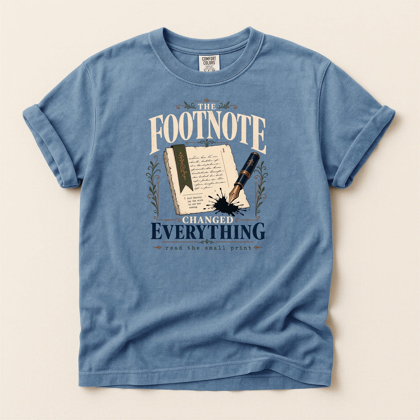 The Footnote Changed Everything bookish tee in Blue Jean, full flat