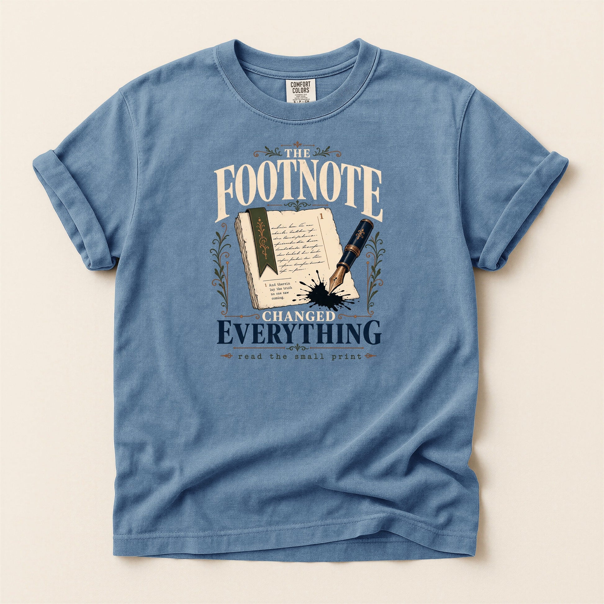 The Footnote Changed Everything bookish tee in Blue Jean, full flat