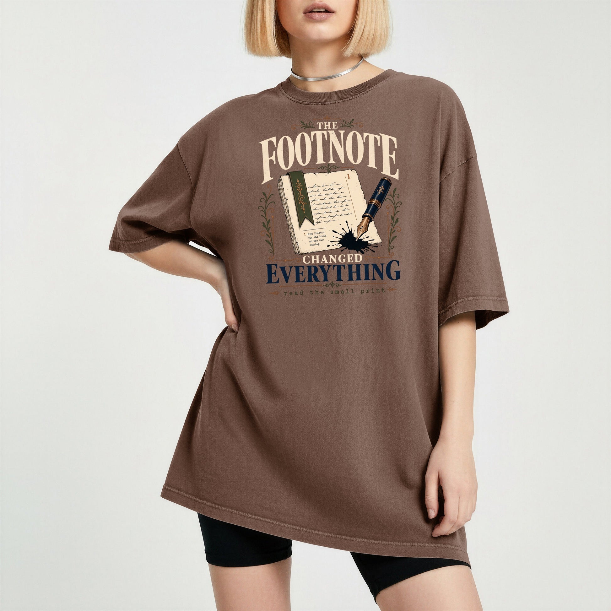The Footnote Changed Everything bookish tee in Espresso, worn