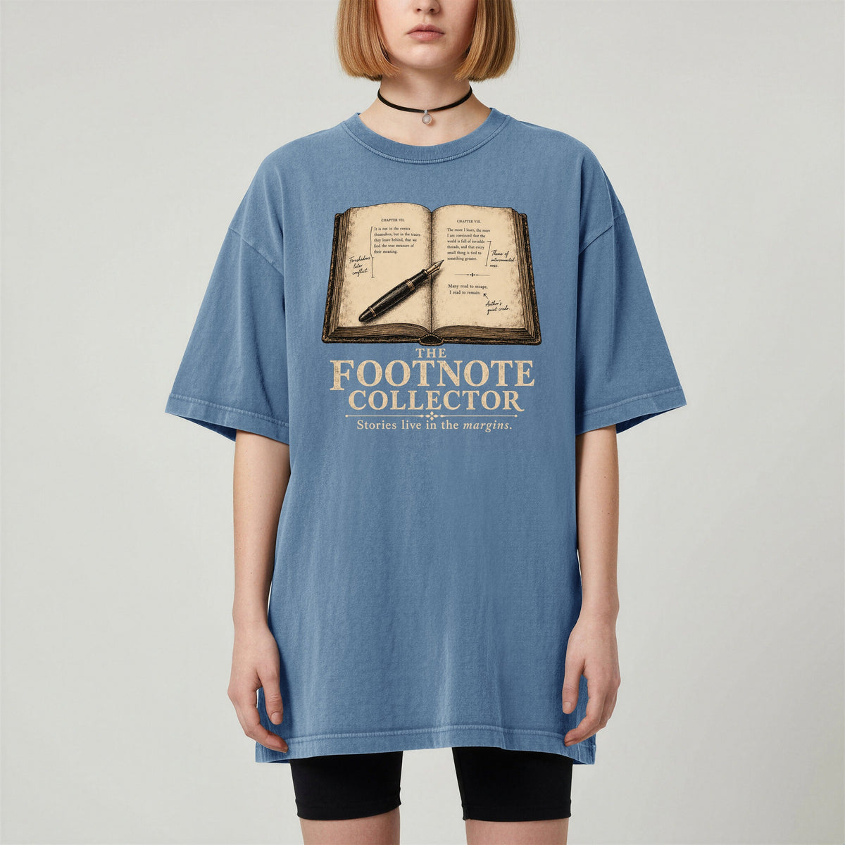 Shelf Love Studio The Footnote Collector t-shirt in Blue Jean, worn