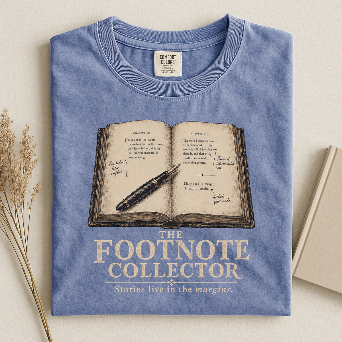 Shelf Love Studio The Footnote Collector t-shirt in Blue Jean, styled flat lay