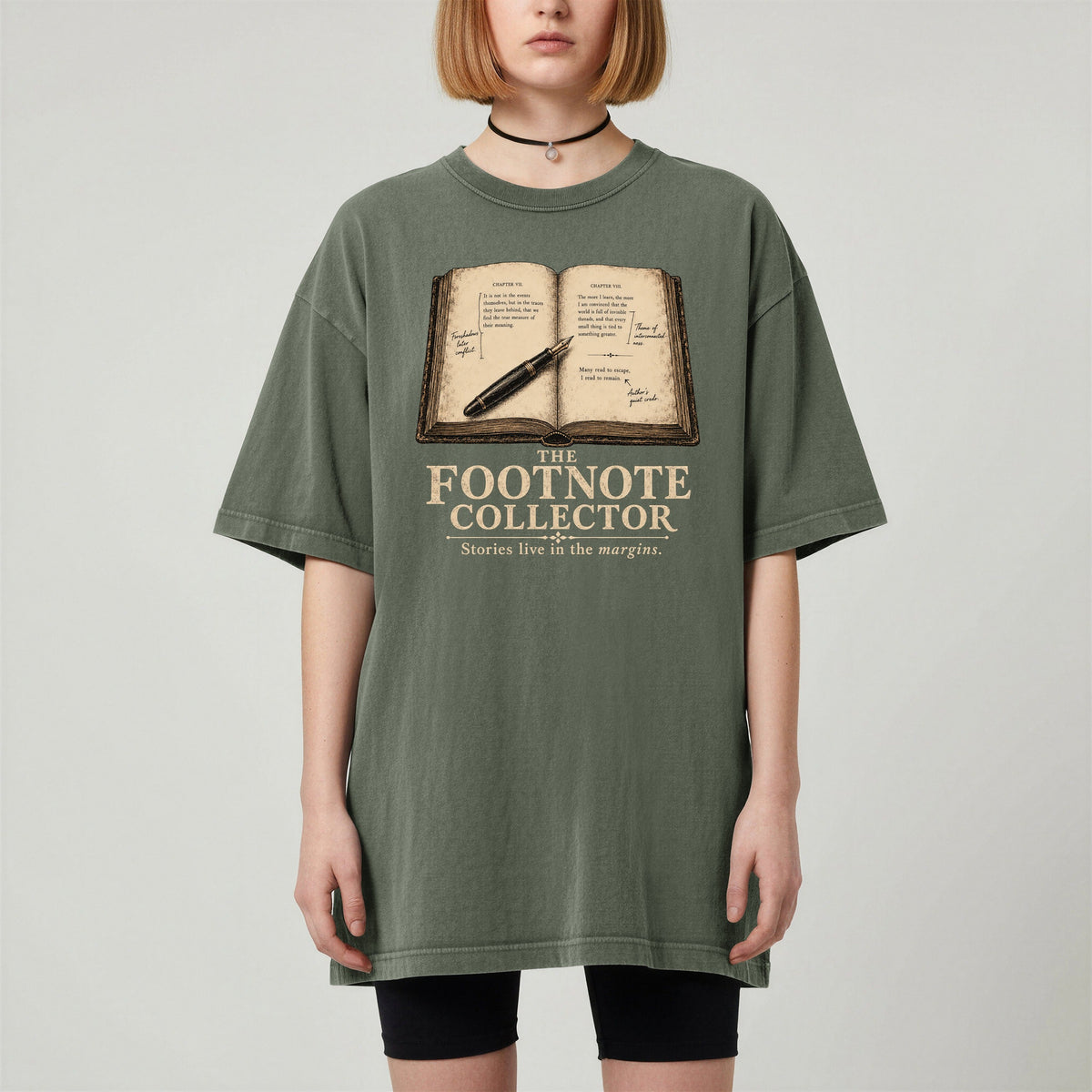 Shelf Love Studio The Footnote Collector t-shirt in Moss, worn