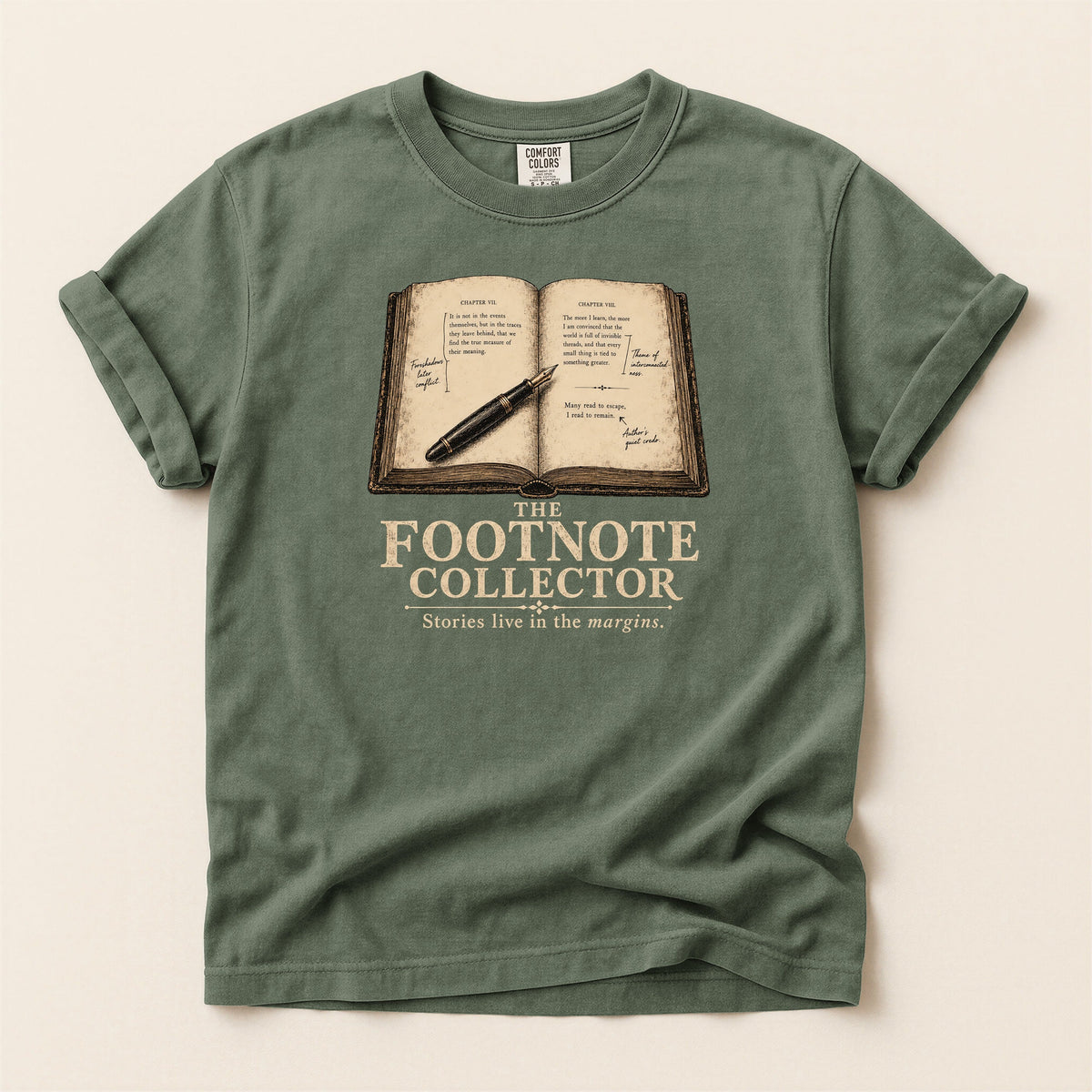 Shelf Love Studio The Footnote Collector t-shirt in Moss, flat