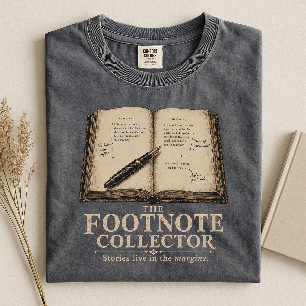 Shelf Love Studio The Footnote Collector t-shirt in Pepper, styled flat lay