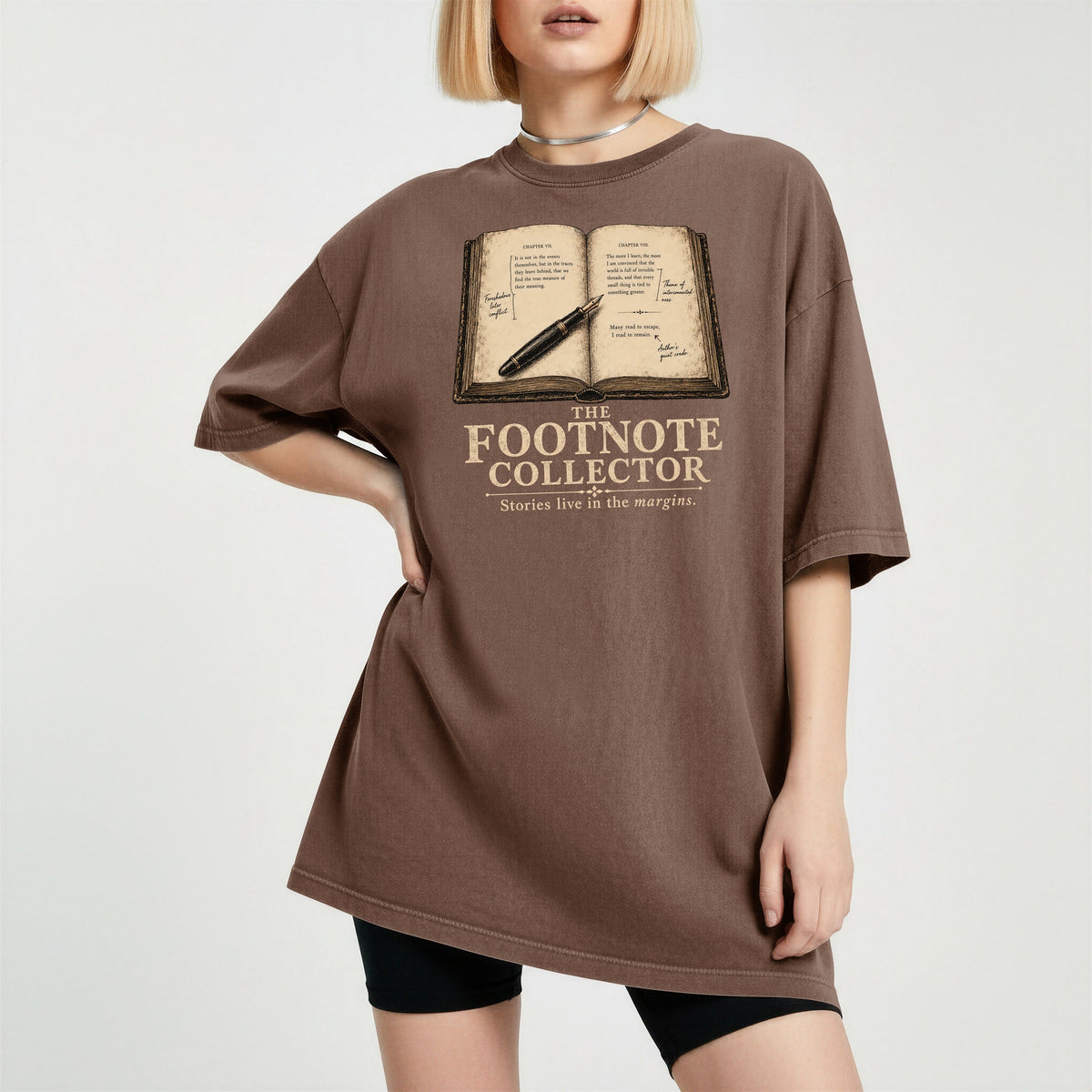 Shelf Love Studio The Footnote Collector t-shirt in Espresso, worn