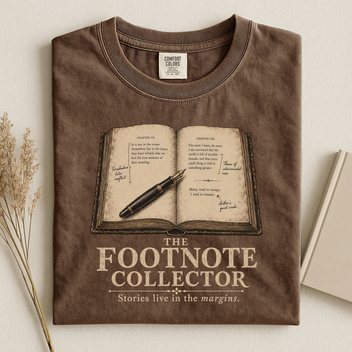 Shelf Love Studio The Footnote Collector t-shirt in Espresso, styled flat lay