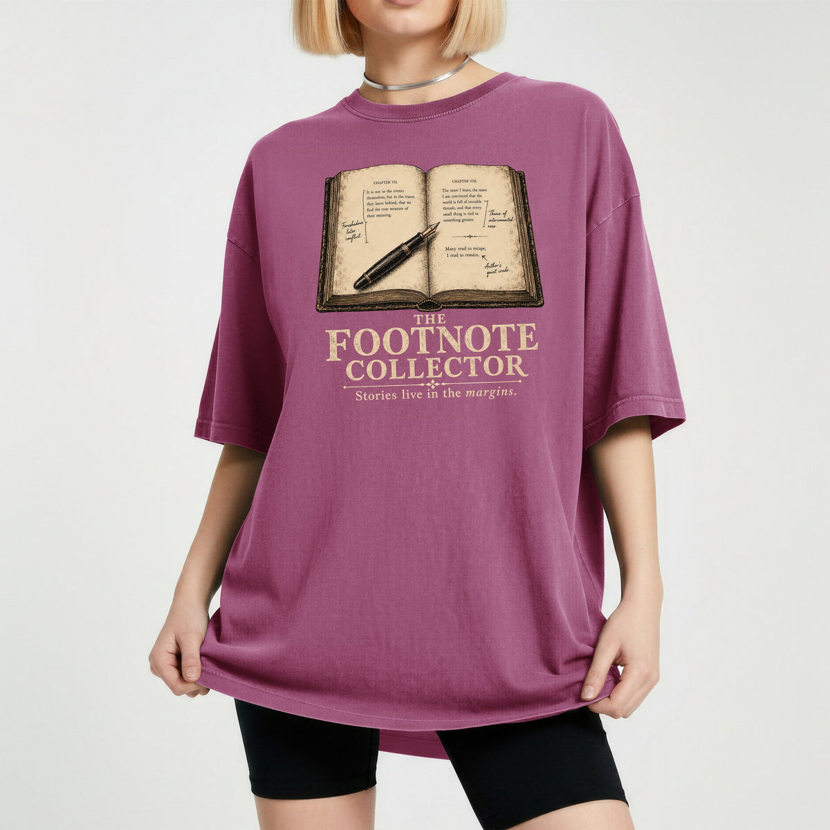 Shelf Love Studio The Footnote Collector t-shirt in Berry, worn