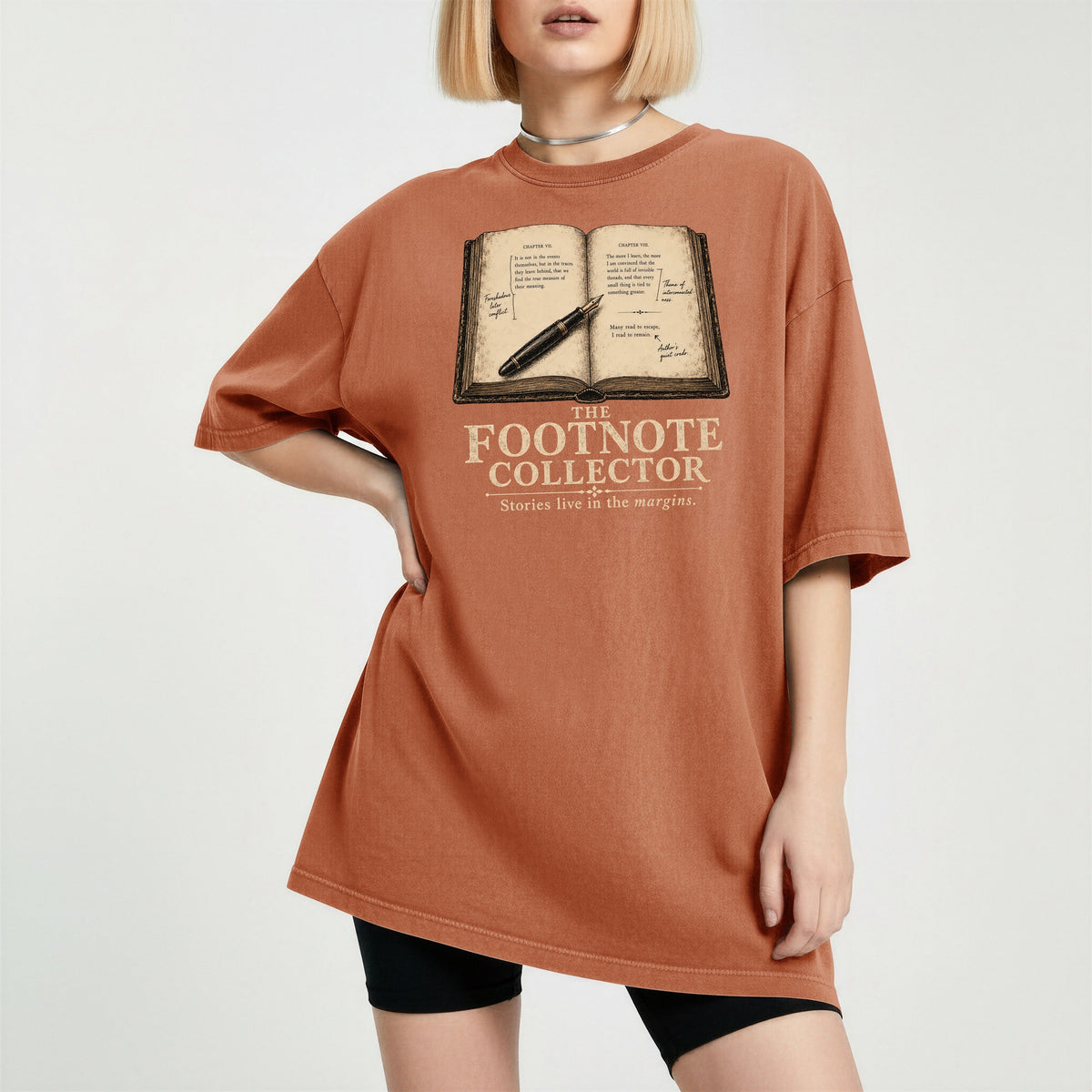 Shelf Love Studio The Footnote Collector t-shirt in Yam, worn