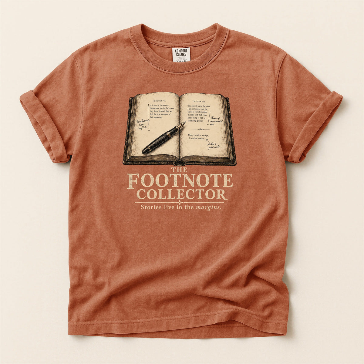 Shelf Love Studio The Footnote Collector t-shirt in Yam, flat