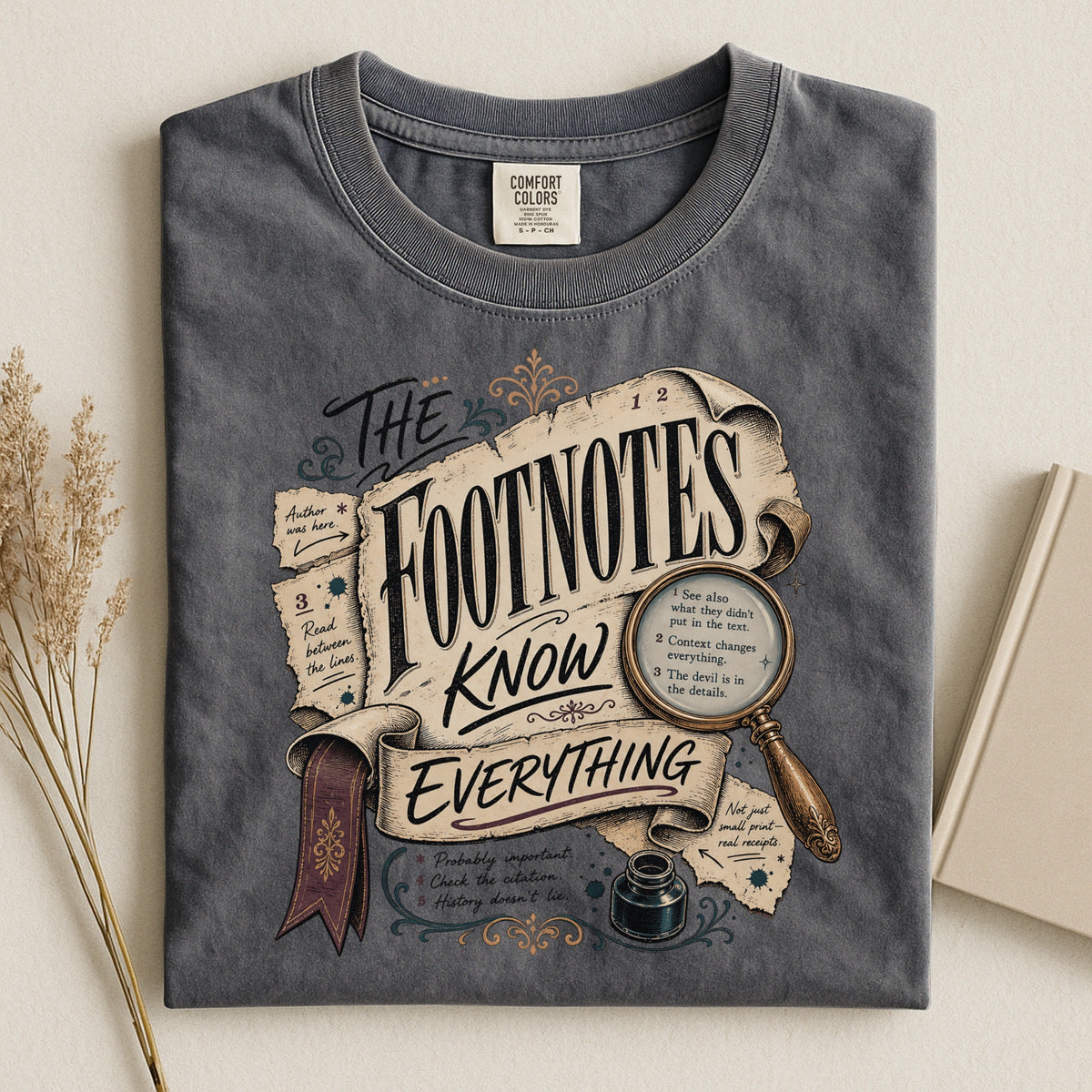 Shelf Love Studio The Footnotes Know Everything t-shirt in Pepper, styled flat lay