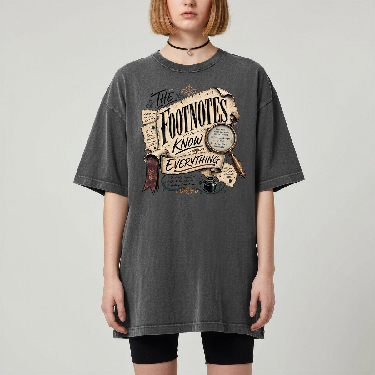 Shelf Love Studio The Footnotes Know Everything t-shirt in Pepper, worn