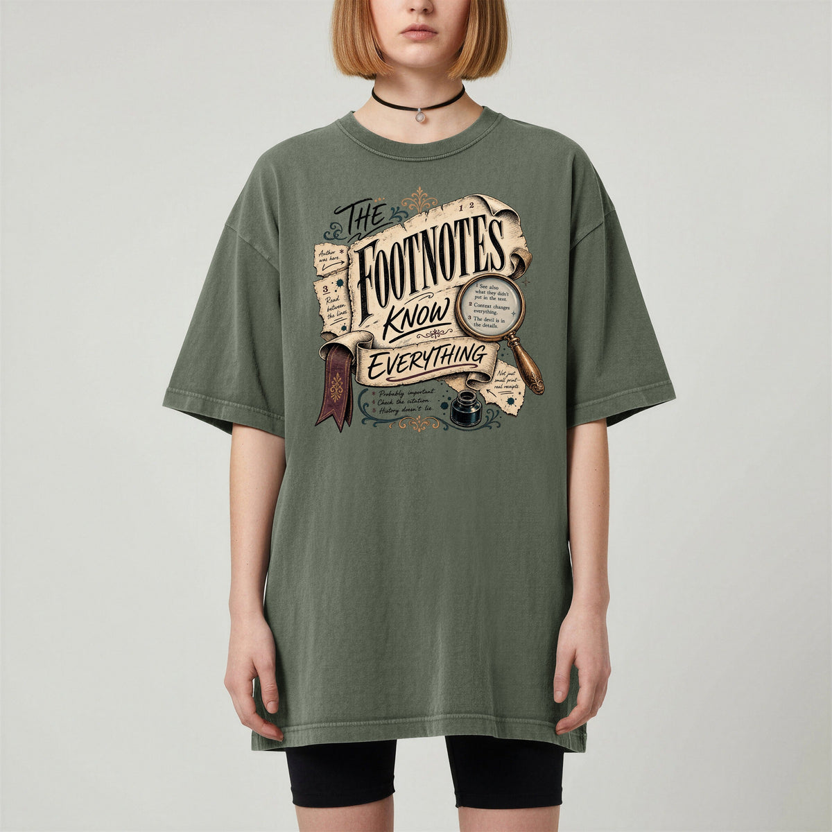 Shelf Love Studio The Footnotes Know Everything t-shirt in Moss, worn