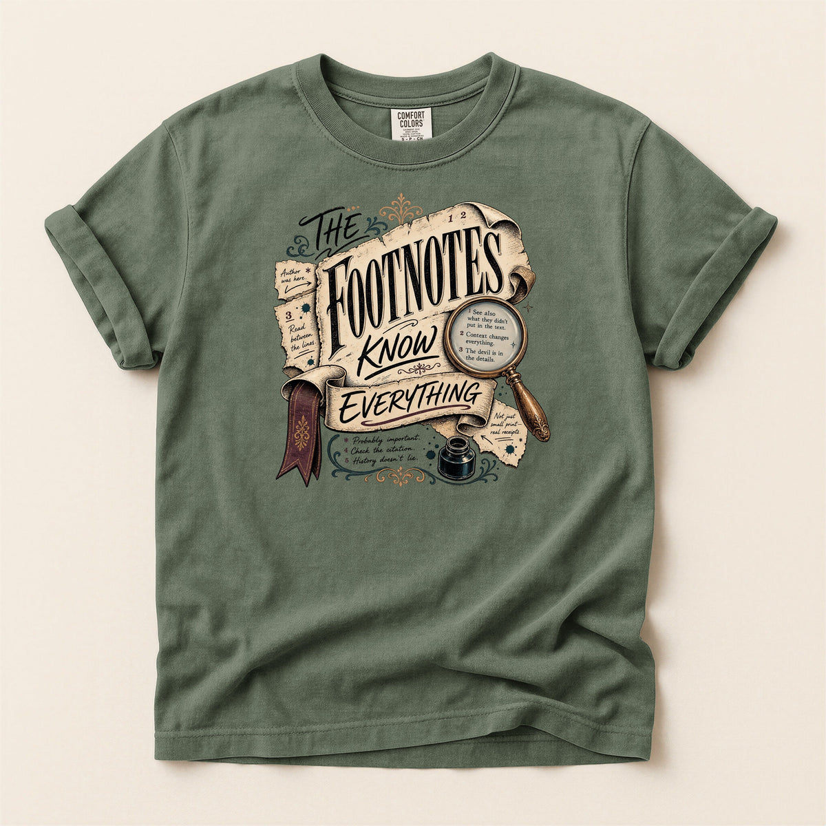 Shelf Love Studio The Footnotes Know Everything t-shirt in Moss, flat