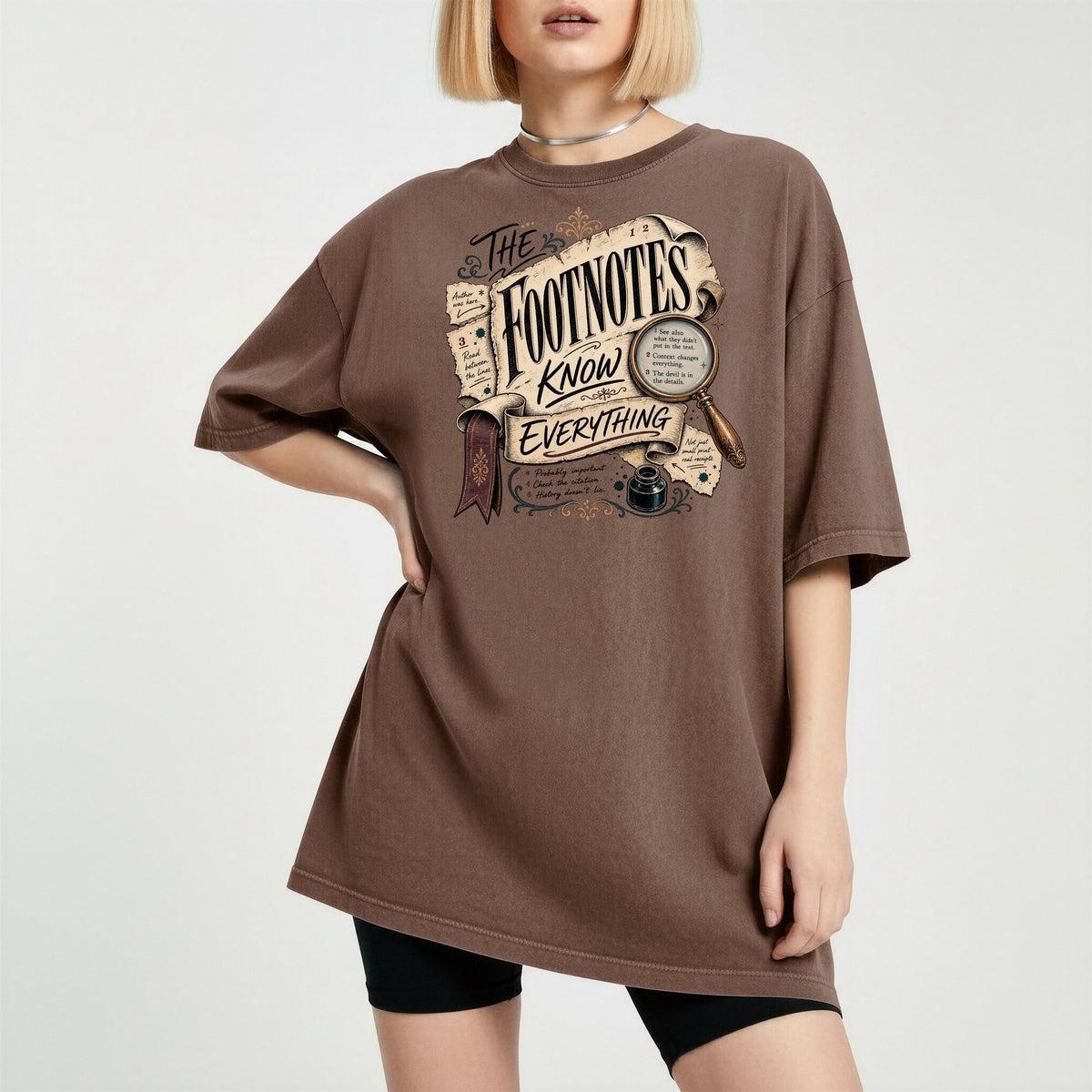 Shelf Love Studio The Footnotes Know Everything t-shirt in Espresso, worn