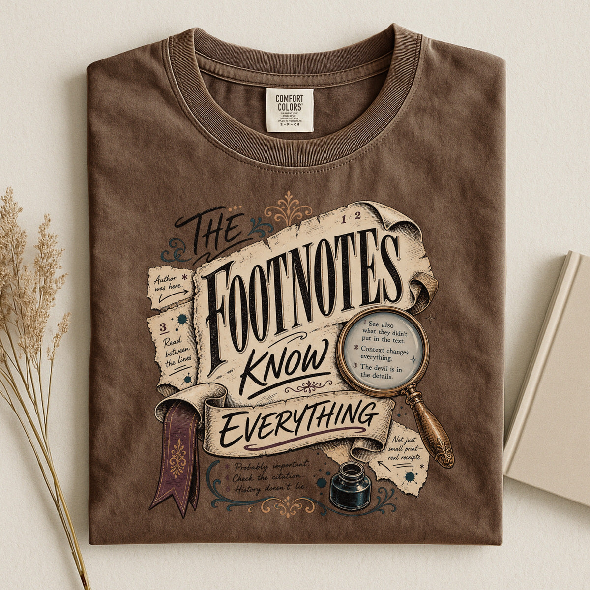 Shelf Love Studio The Footnotes Know Everything t-shirt in Espresso, styled flat lay