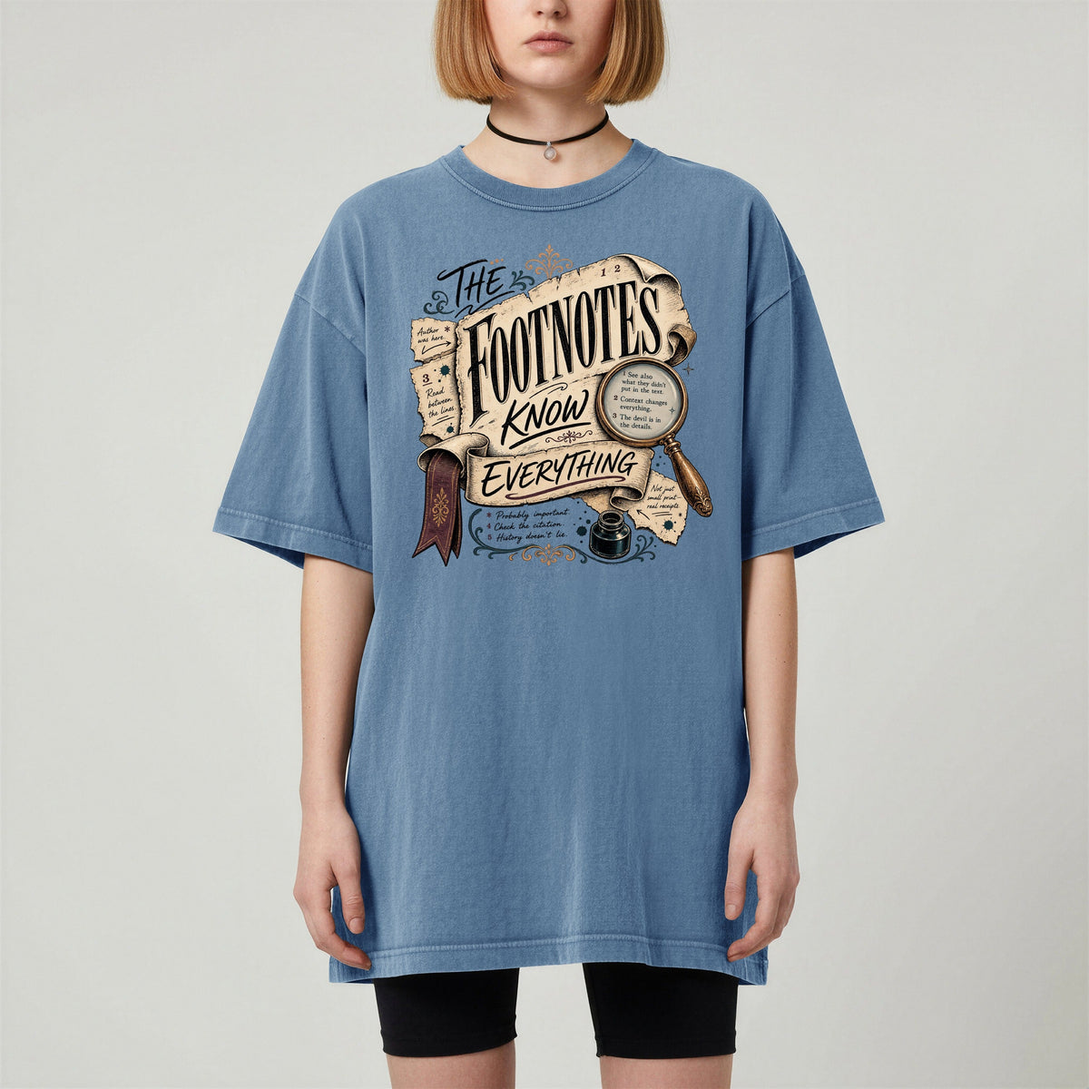 Shelf Love Studio The Footnotes Know Everything t-shirt in Blue Jean, worn