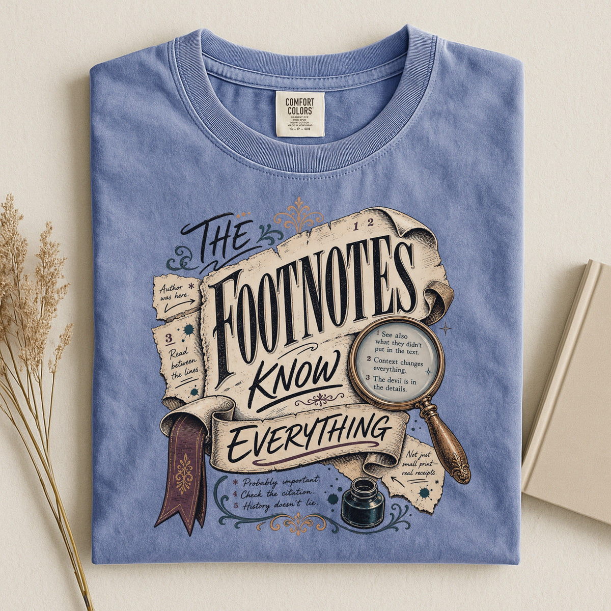 Shelf Love Studio The Footnotes Know Everything t-shirt in Blue Jean, styled flat lay