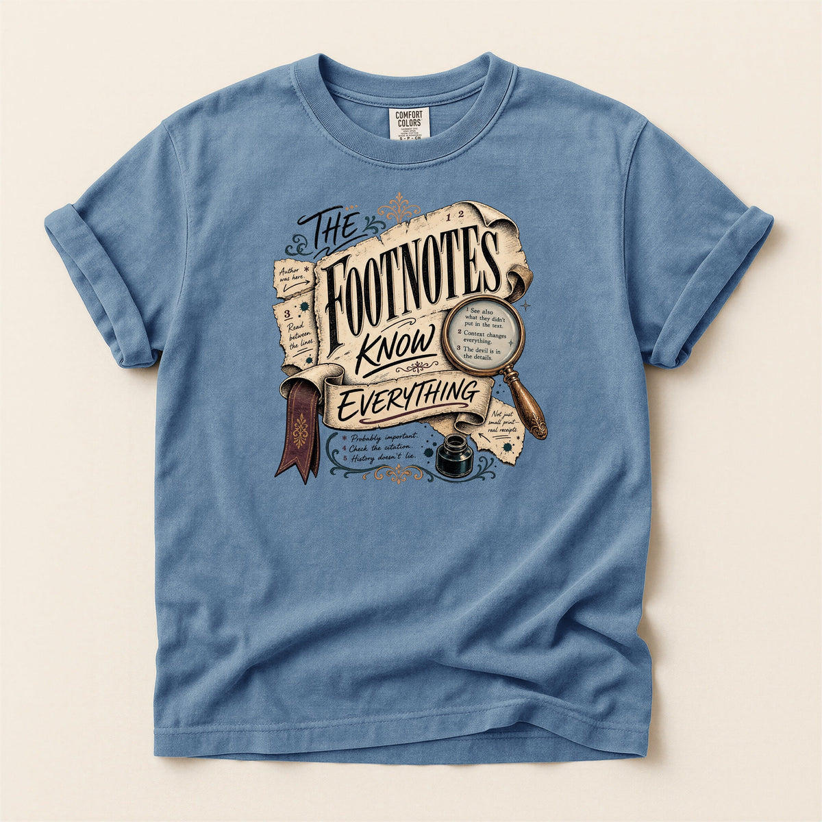 Shelf Love Studio The Footnotes Know Everything t-shirt in Blue Jean, flat
