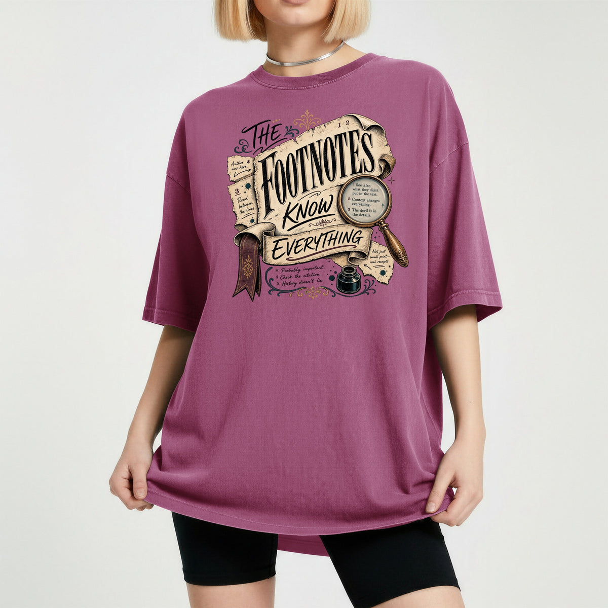 Shelf Love Studio The Footnotes Know Everything t-shirt in Berry, worn
