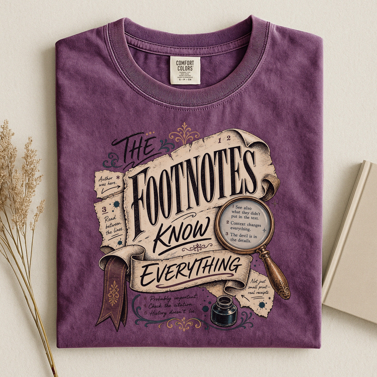 Shelf Love Studio The Footnotes Know Everything t-shirt in Berry, styled flat lay