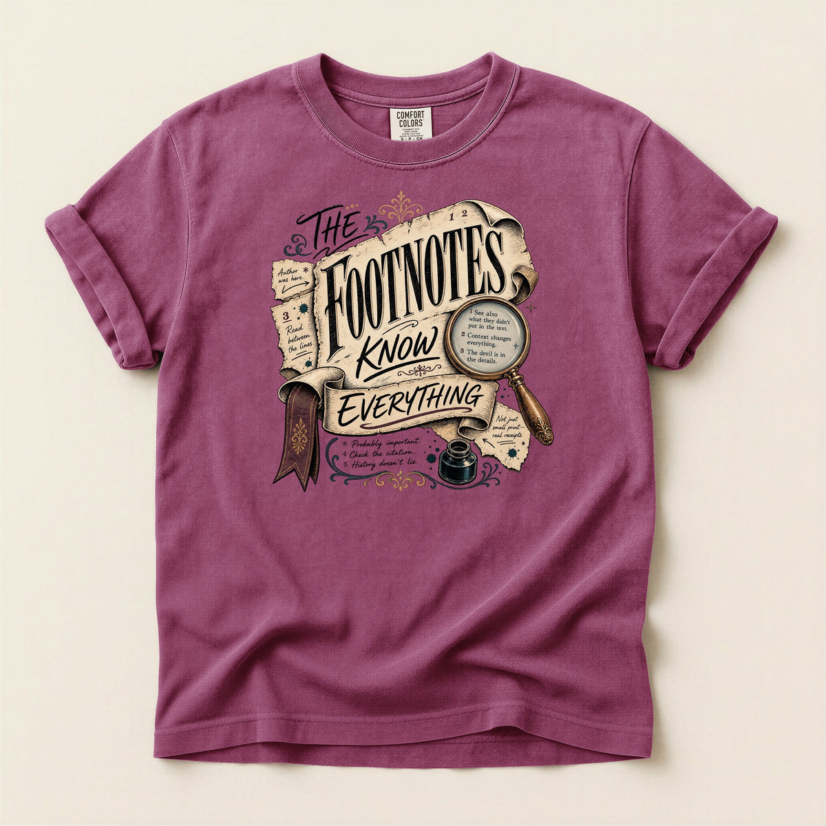 Shelf Love Studio The Footnotes Know Everything t-shirt in Berry, flat
