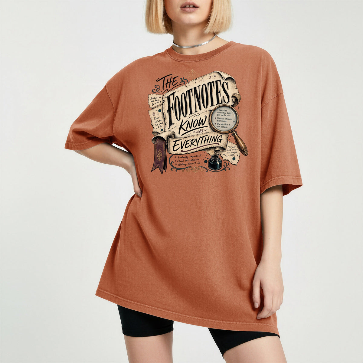 Shelf Love Studio The Footnotes Know Everything t-shirt in Yam, worn