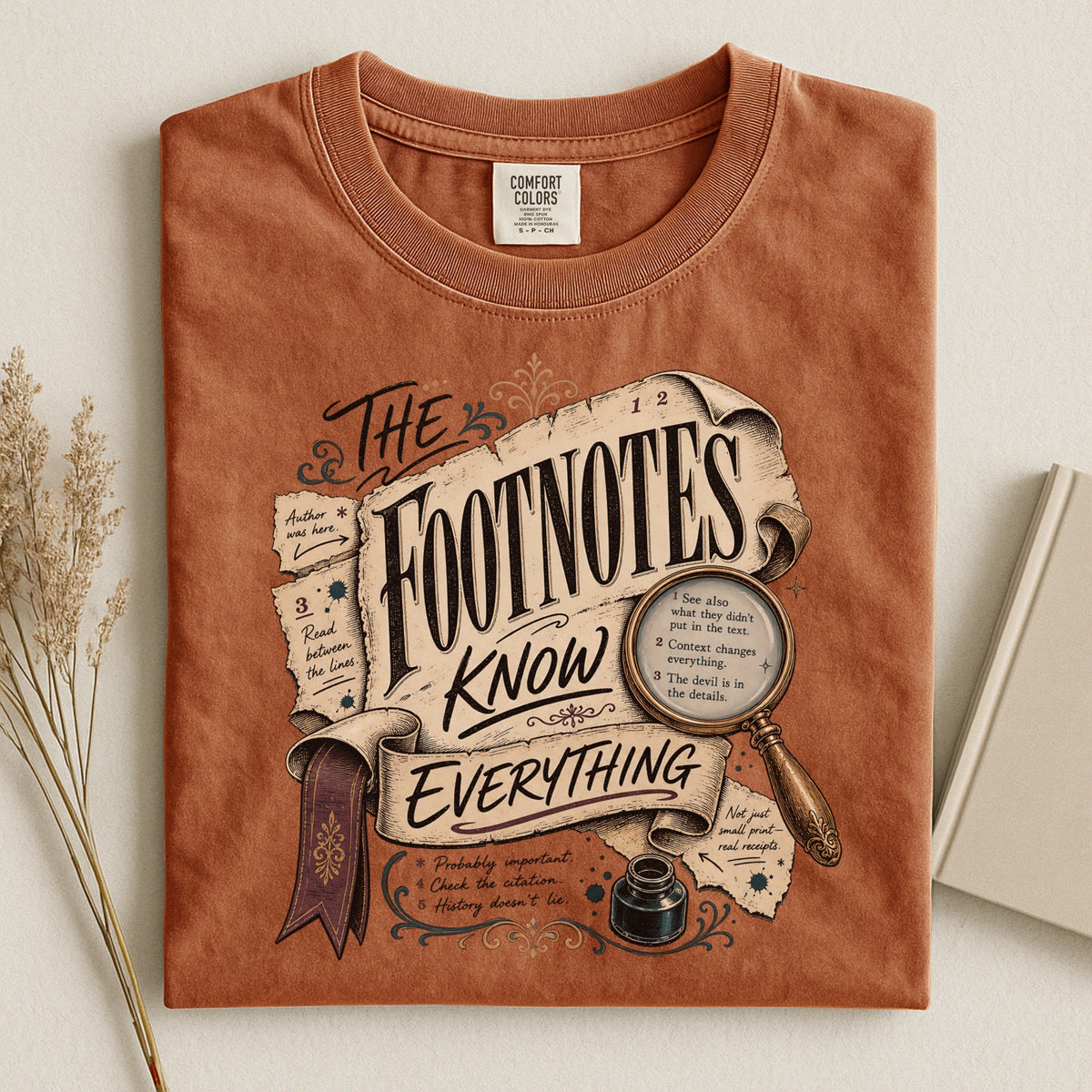 Shelf Love Studio The Footnotes Know Everything t-shirt in Yam, styled flat lay