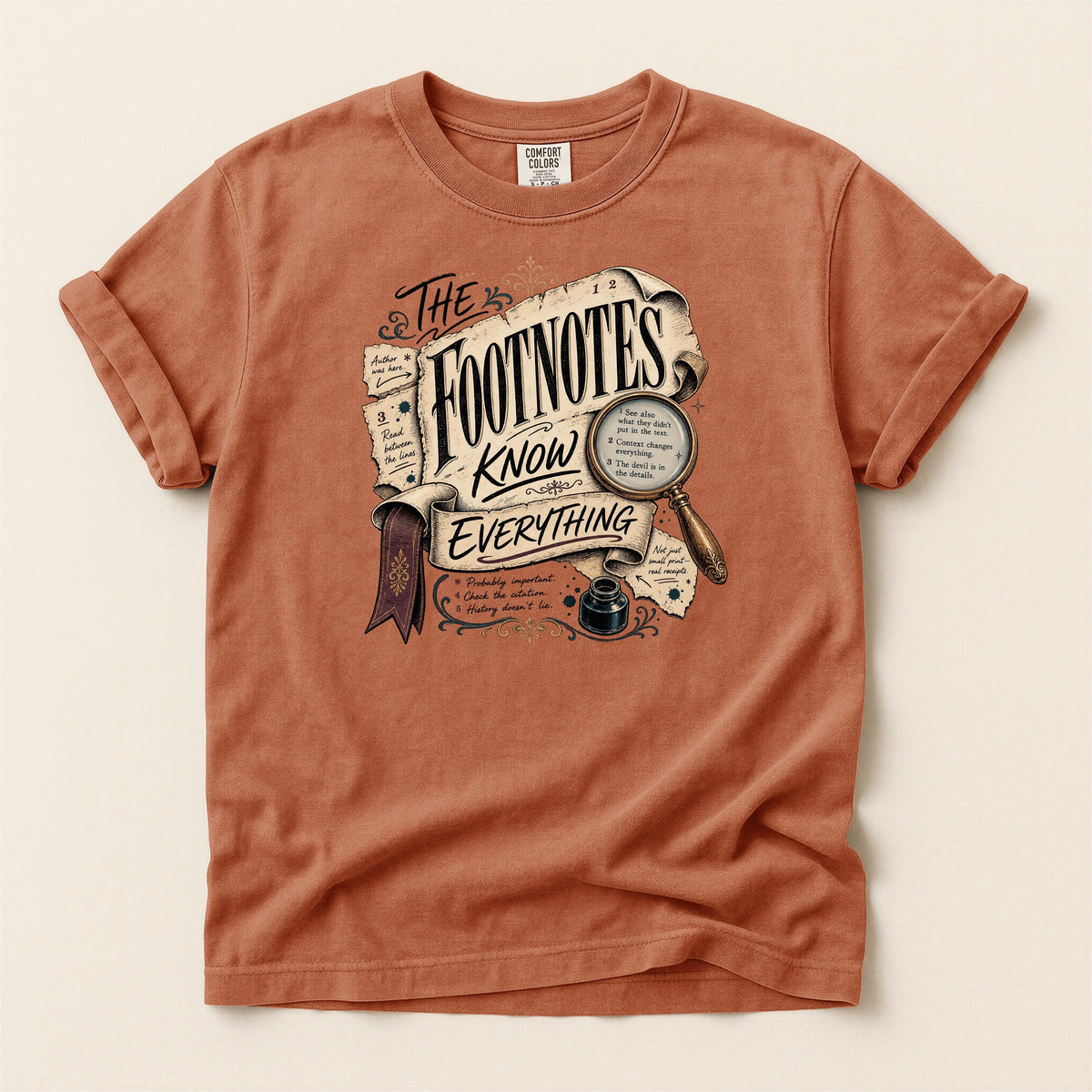 Shelf Love Studio The Footnotes Know Everything t-shirt in Yam, flat