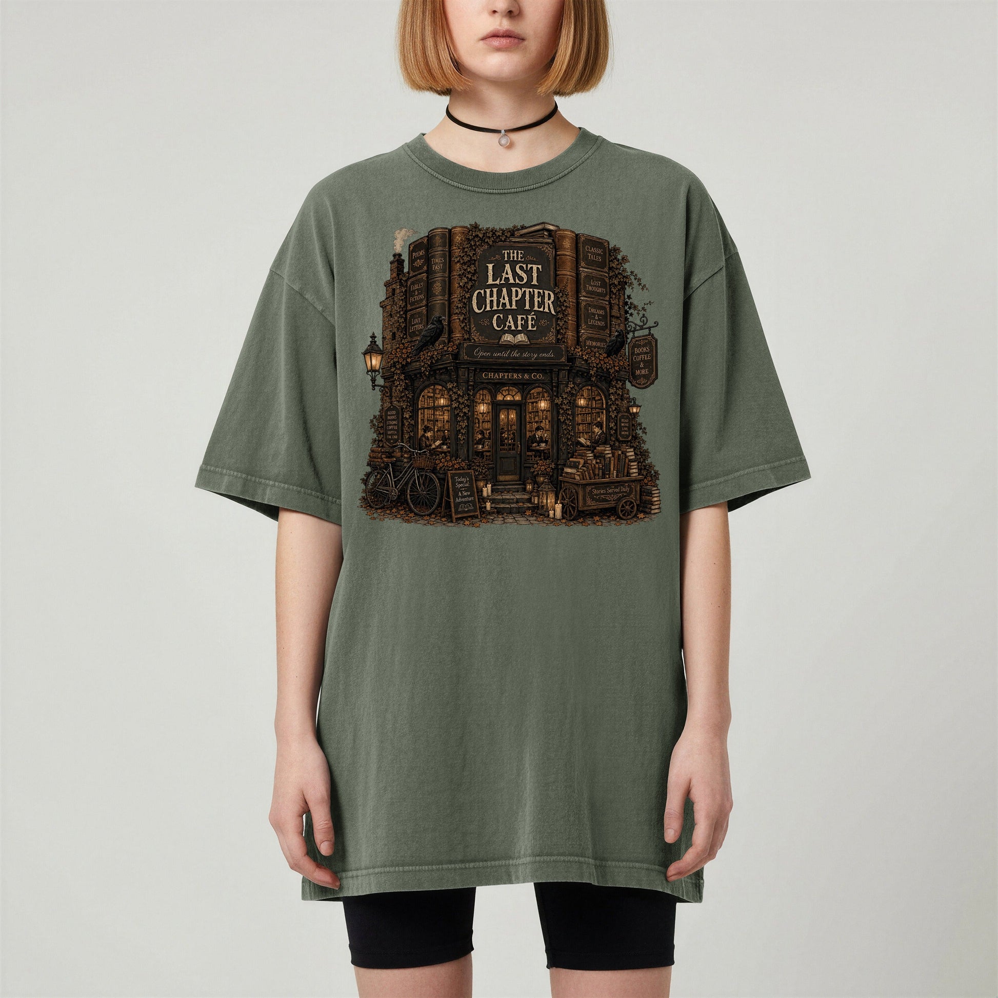 The Last Chapter Cafe bookish tee in Moss, worn