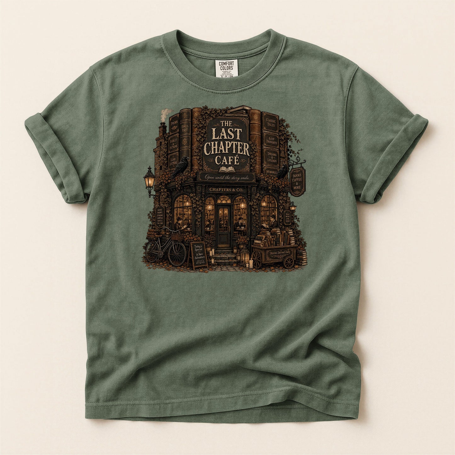 The Last Chapter Cafe bookish tee in Moss, full flat
