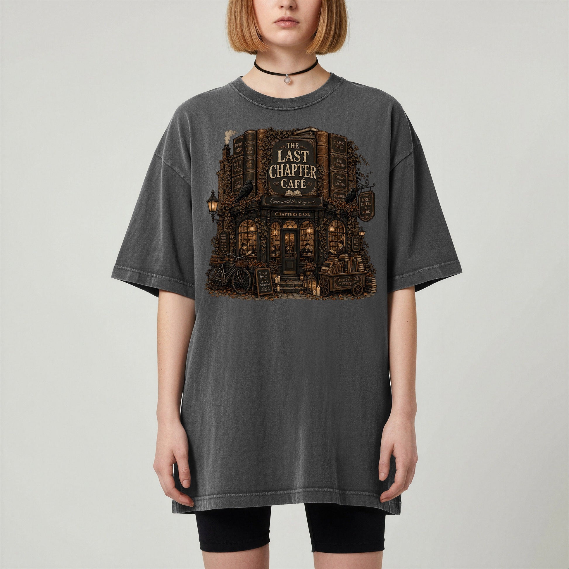 The Last Chapter Cafe bookish tee in Pepper, worn