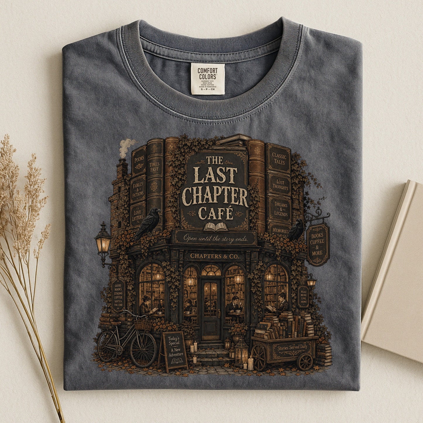 The Last Chapter Cafe bookish tee in Pepper, flat lay