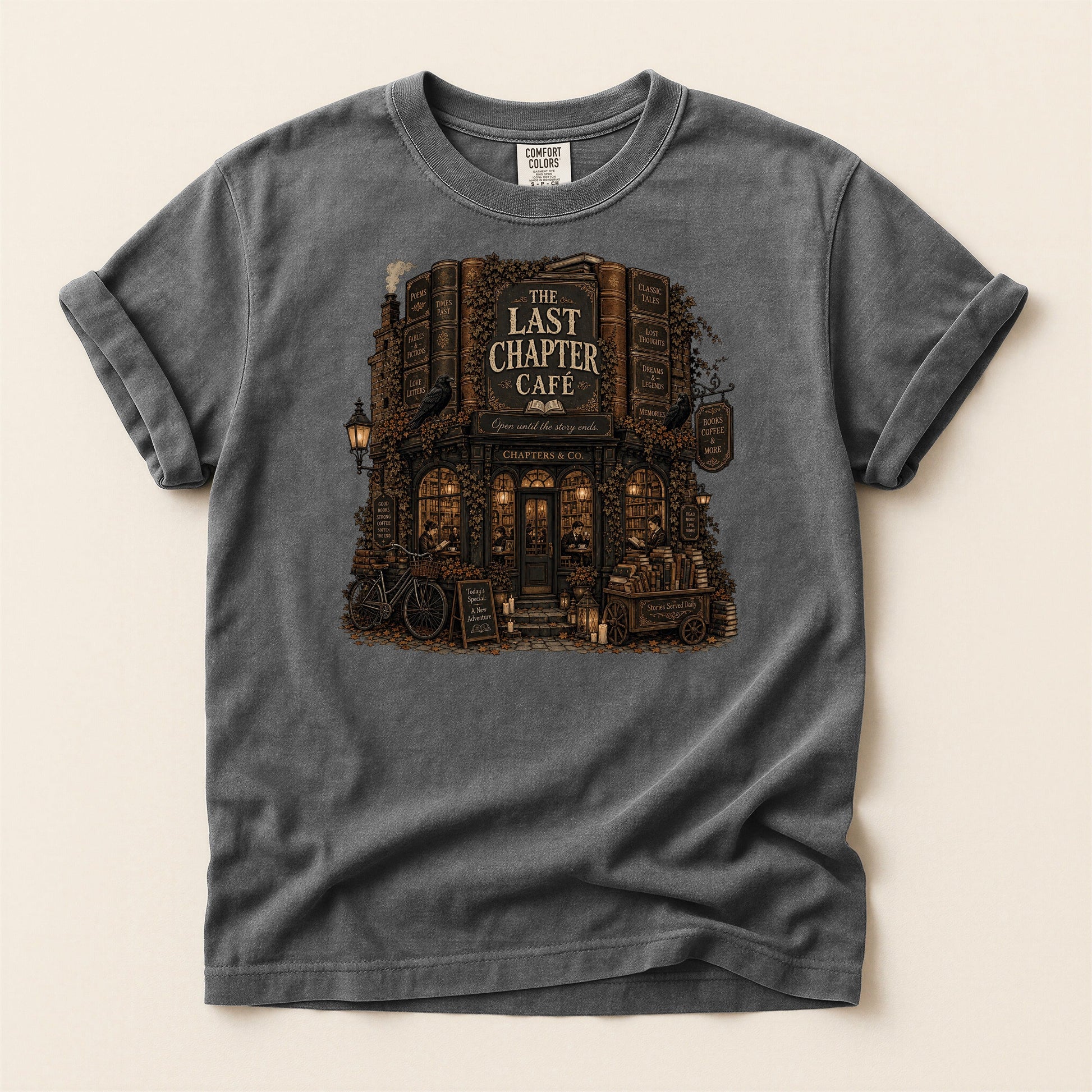 The Last Chapter Cafe bookish tee in Pepper, full flat