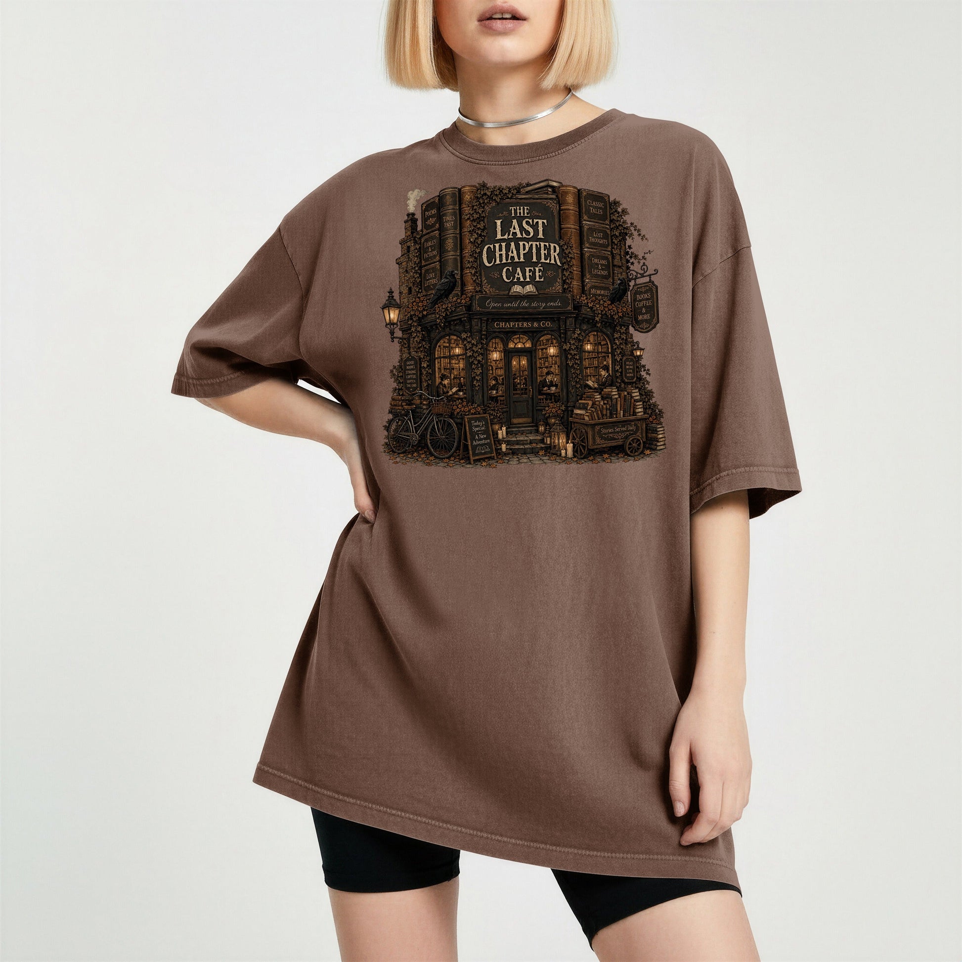 The Last Chapter Cafe bookish tee in Espresso, worn